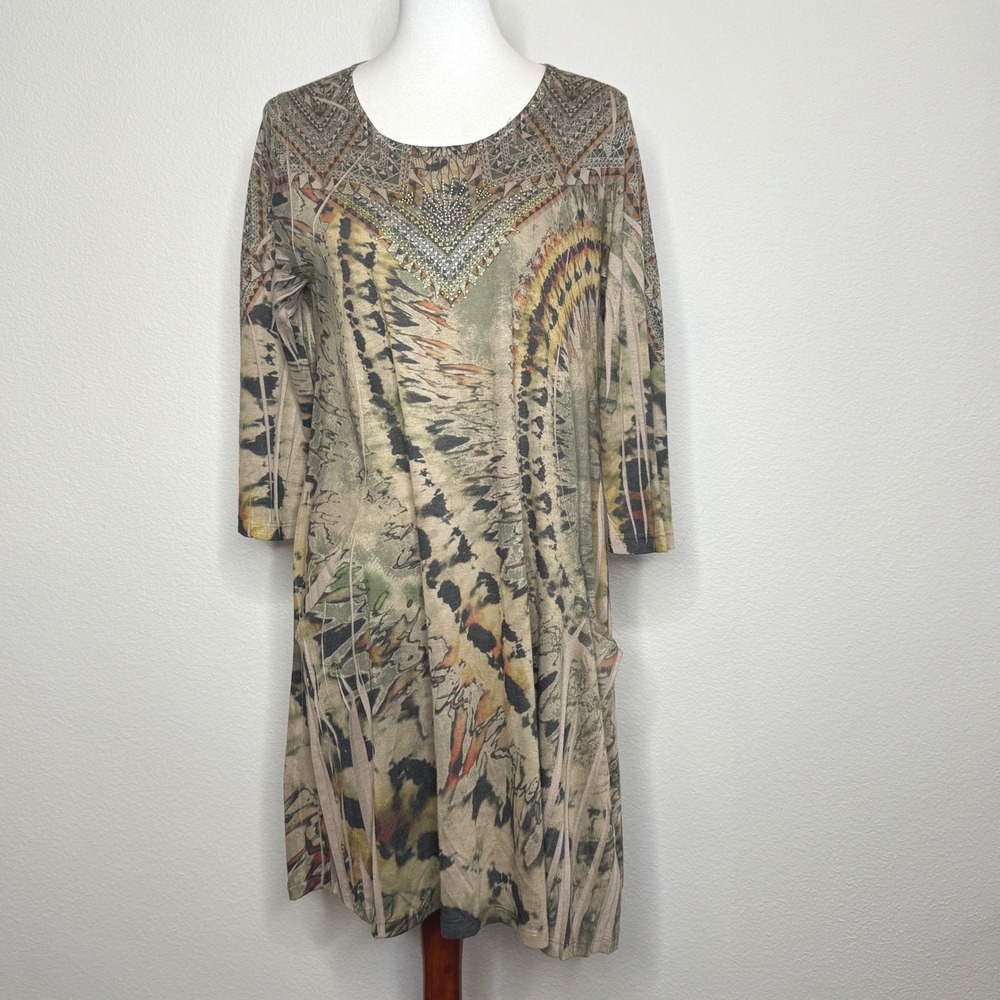 CACTUS Art to Wear Mini Dress Tie Dye 3/4 Sleeves MED Earth Tone Brown‎ Tan Ltwt